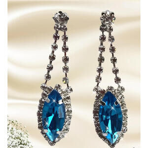 Turquoise Drop Dangle Earrings Rhinestone Silver Tone 2” Lightweight NEW